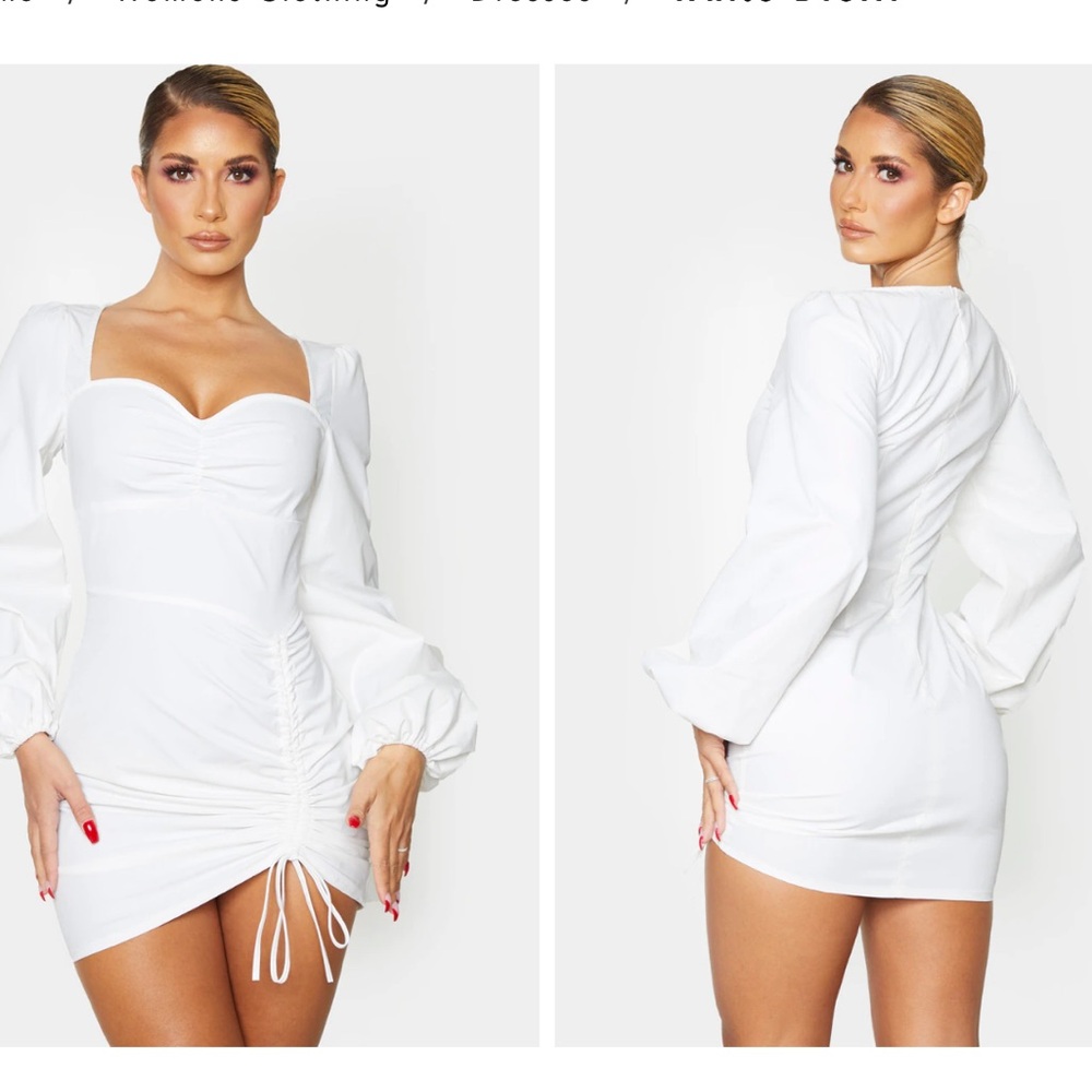 NWT Pretty Little Thing White Long Sleeve Sweetheart Neck Ruched Bodycon Dress 0